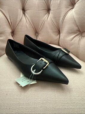 a new day Black Pointed Ballet Flats with Gold/Silver Buckle